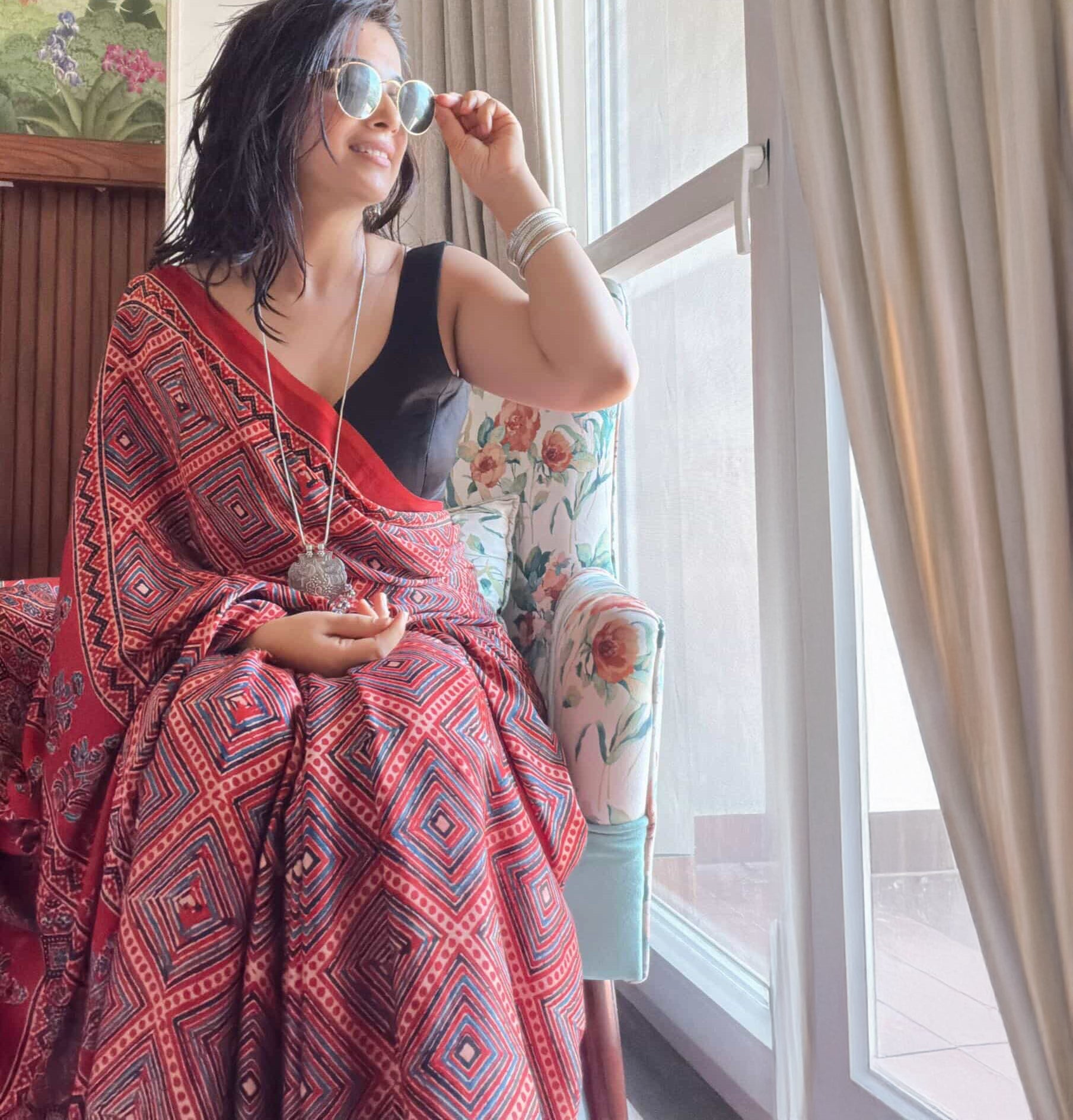 Aabaroo Handblock Printed Ajrakh Modal Silk Saree