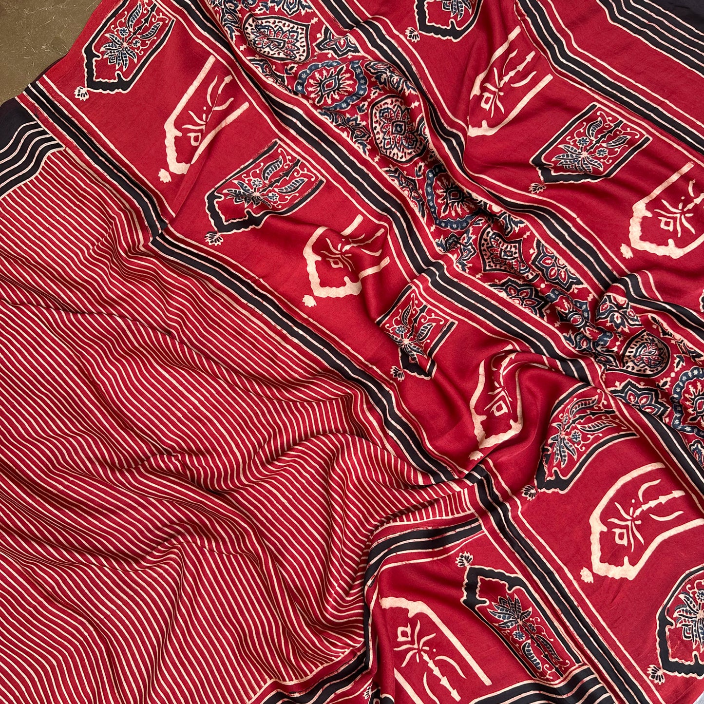 Aabaroo Handblock Printed Ajrakh Modal Silk Saree