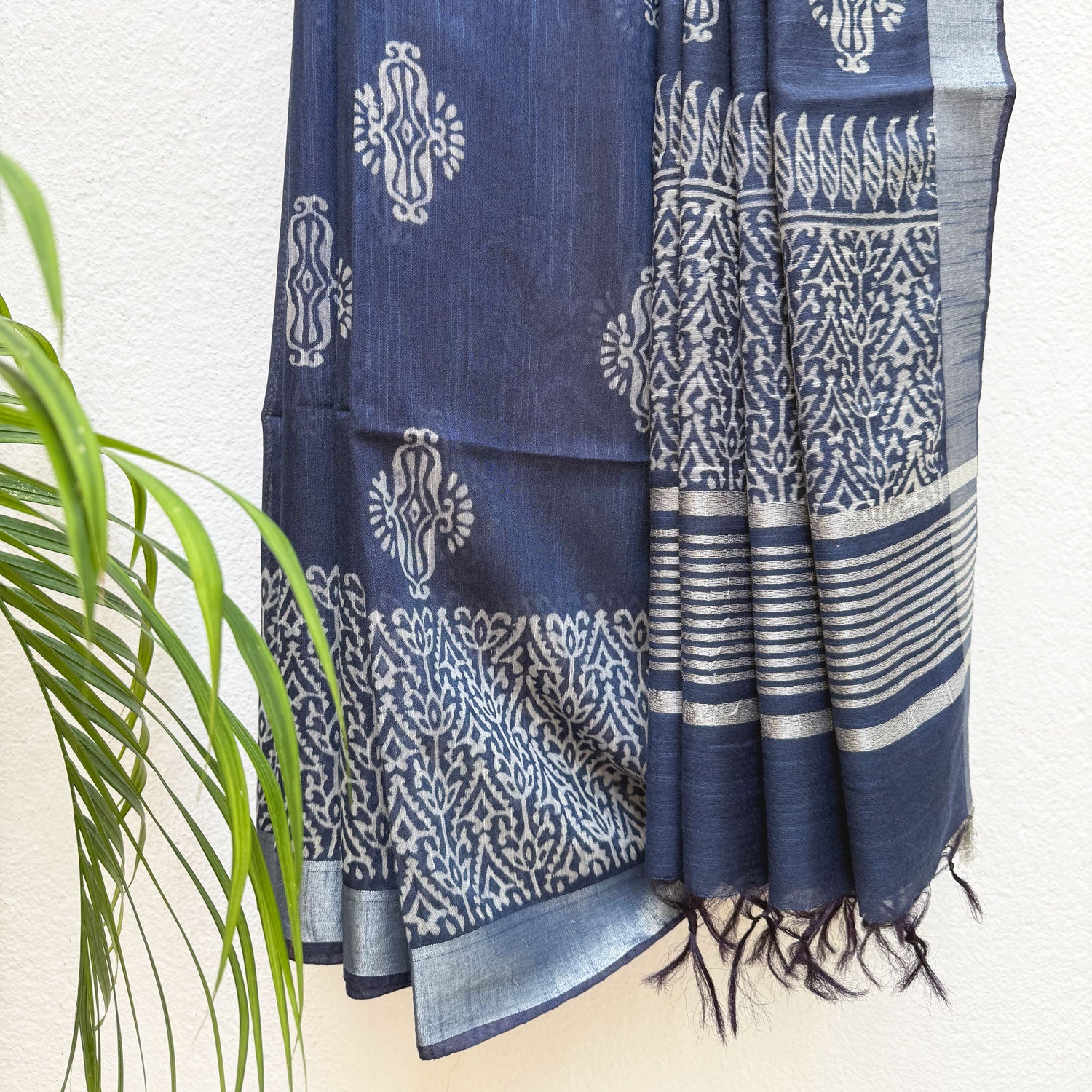 Aadya Indigo Hand Block Cotton Silk Saree