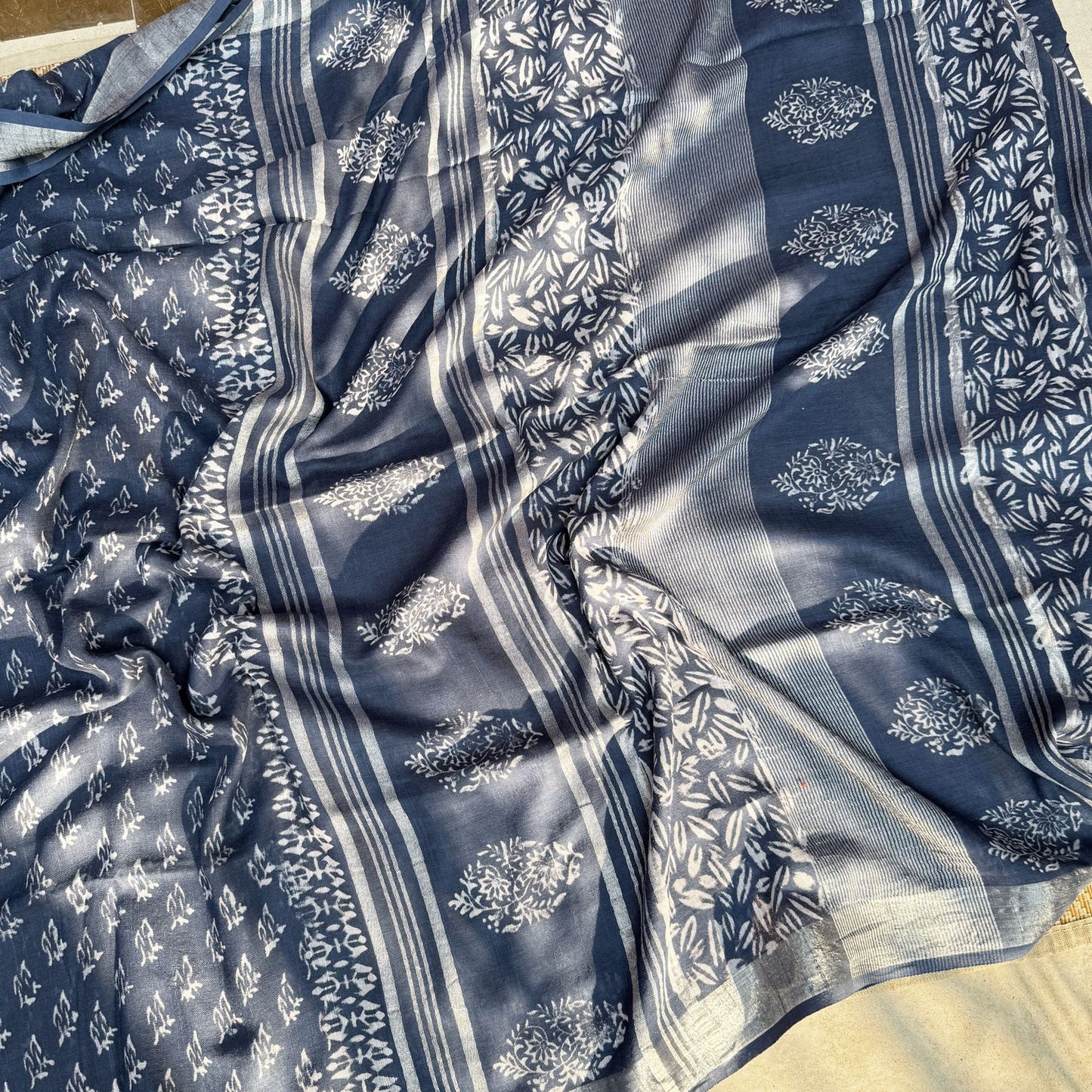 Aendri Flora Indigo Hand Block Cotton Linen Saree