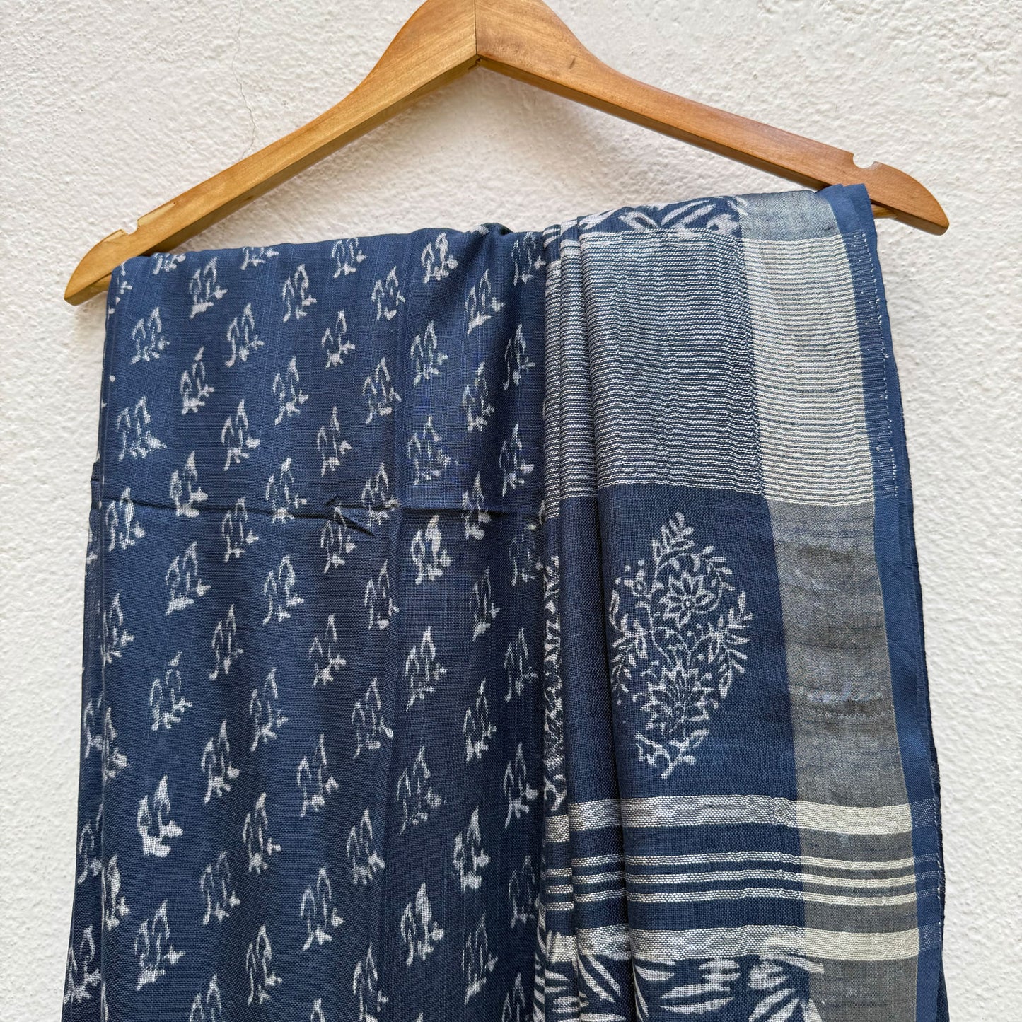 Aendri Flora Indigo Hand Block Cotton Linen Saree