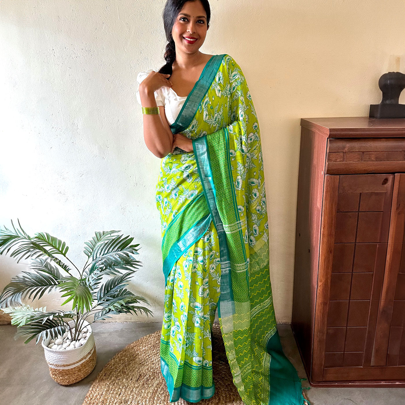 Alpine Poppy Printed Organic Linen Saree
