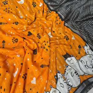 Amber & Aloof amber cotton cat print saree closeup - with fishbone motifs, paws, hearts, confettis, sleeping cat border and black zari pallu, Zoomies Collection TTW