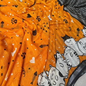 Amber & Aloof amber cotton cat print saree closeup - with fishbone motifs, paws, hearts, confettis and sleeping cat border, Zoomies Collection TTW