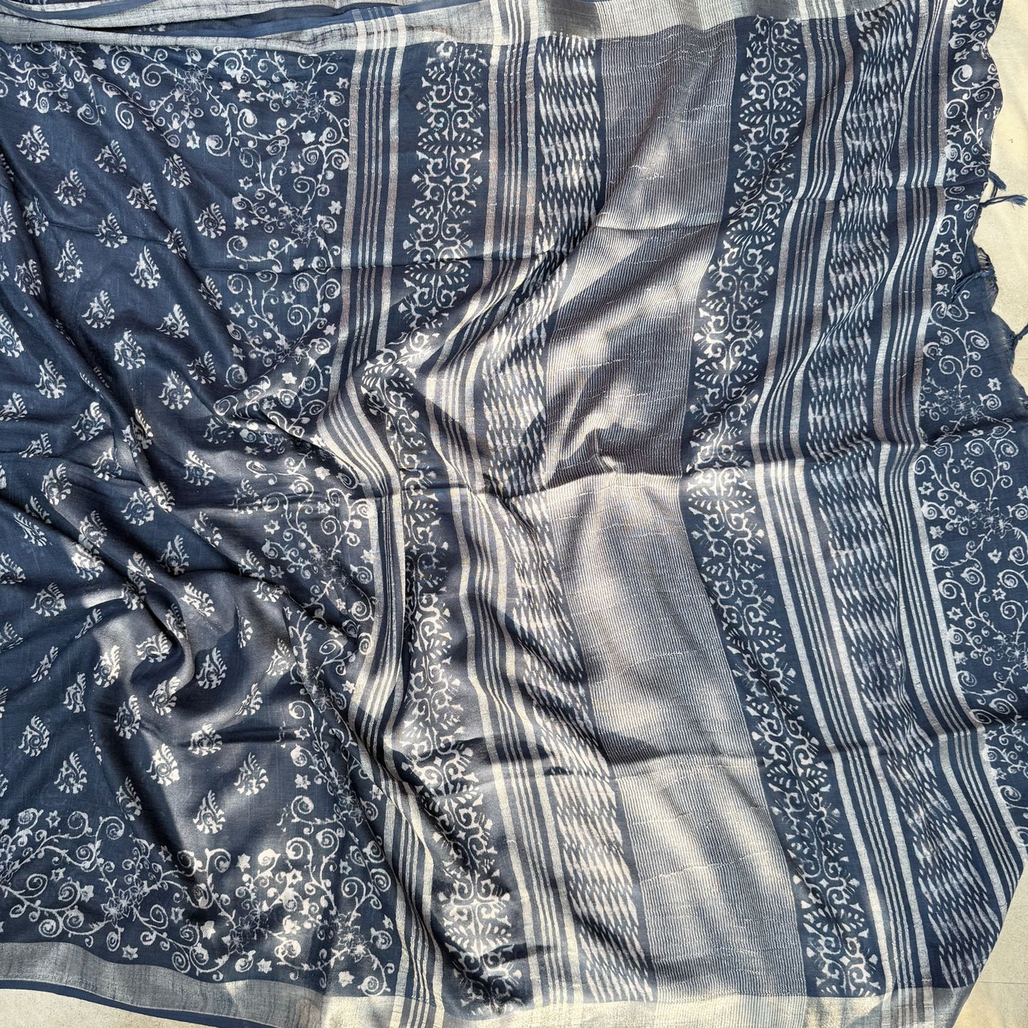 Bahula Indigo Hand Block Cotton Linen Saree
