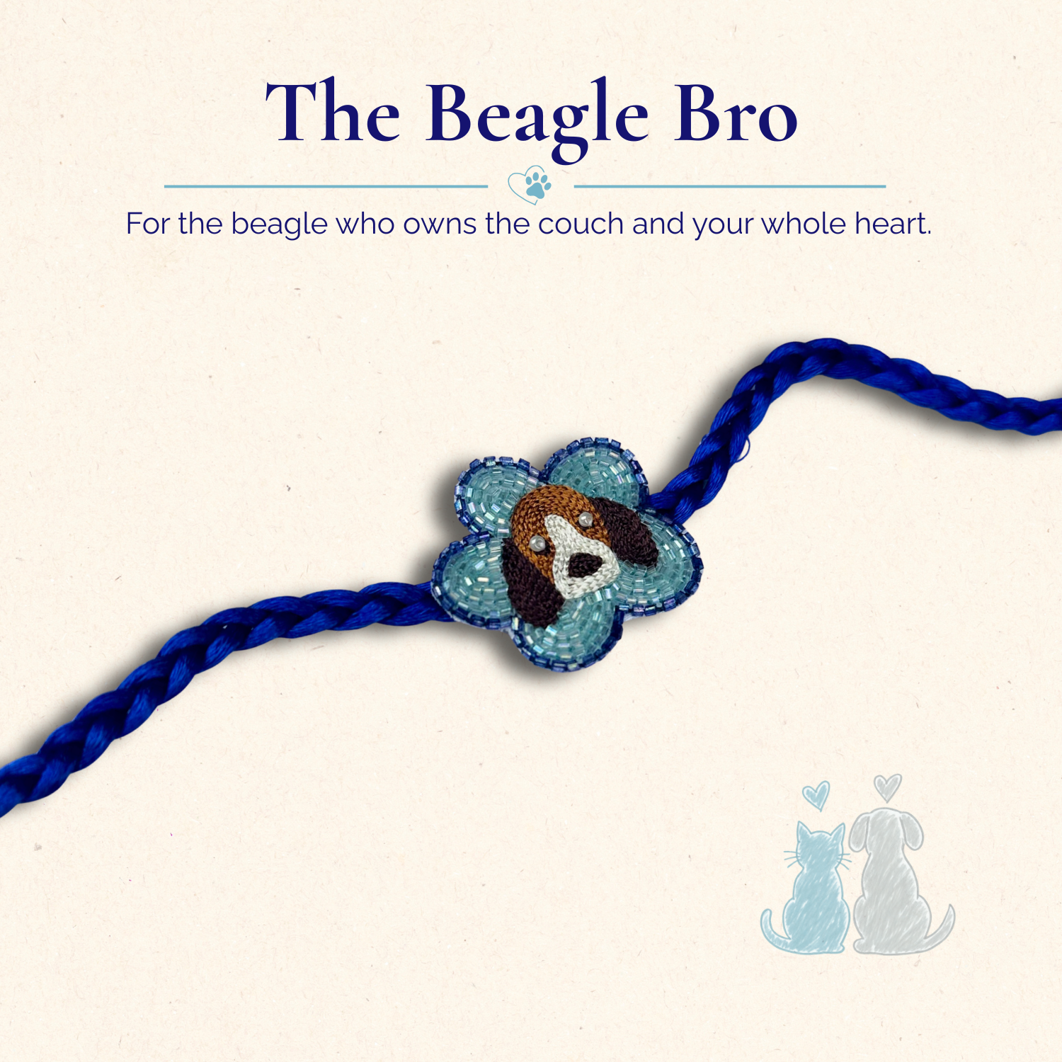 Hand-embroidered beagle rakhi for pet lovers, close-up beadwork