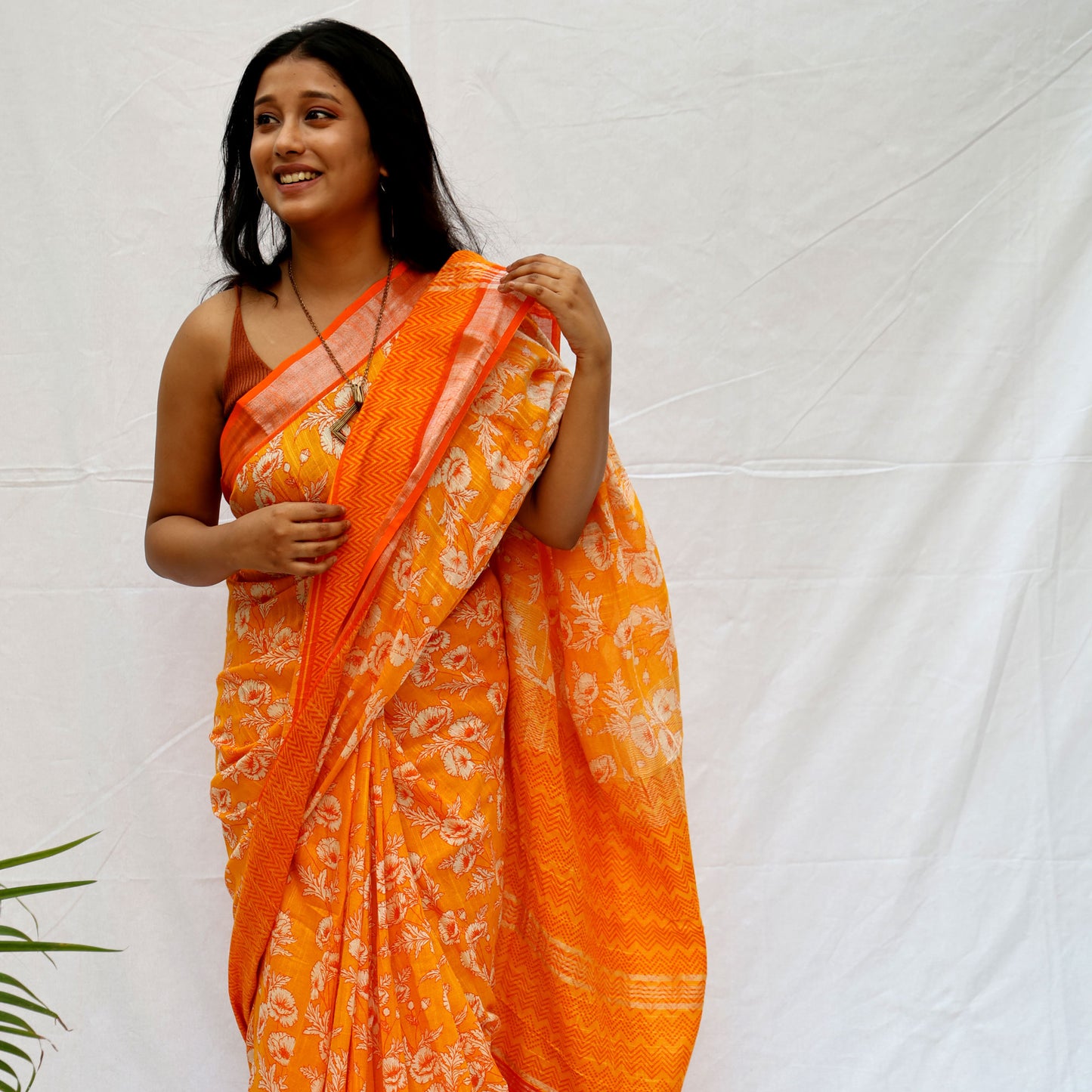 Californian Poppy Printed Organic Linen Saree