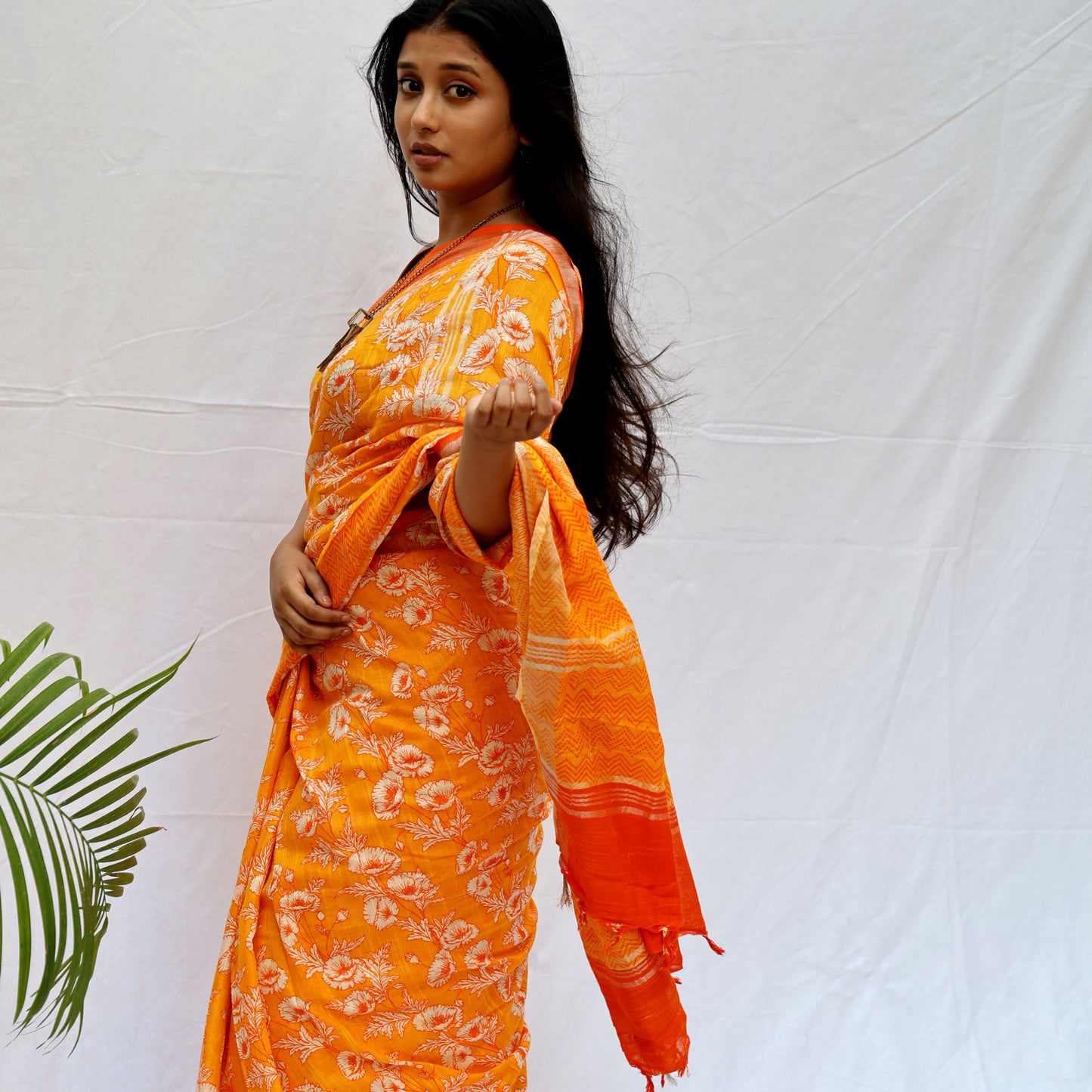 Californian Poppy Printed Organic Linen Saree