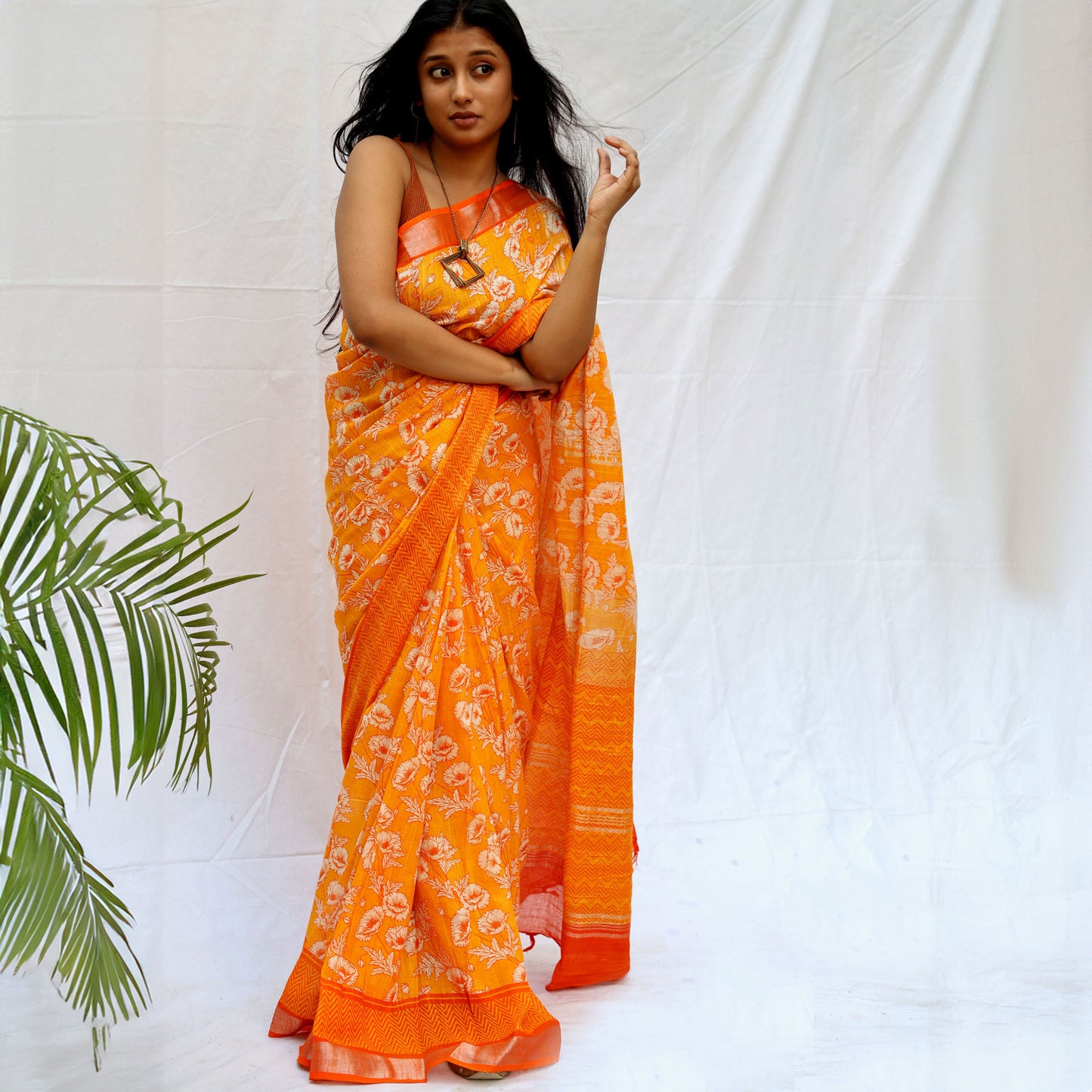 Californian Poppy Printed Organic Linen Saree
