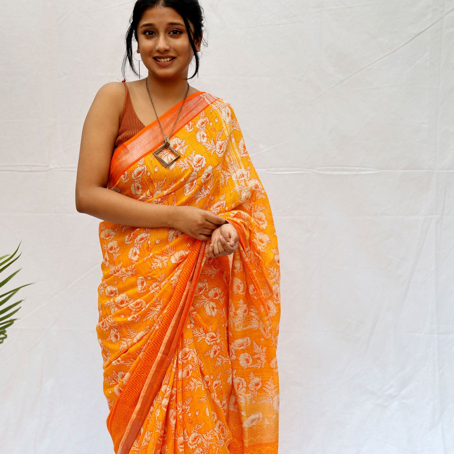 Californian Poppy Printed Organic Linen Saree