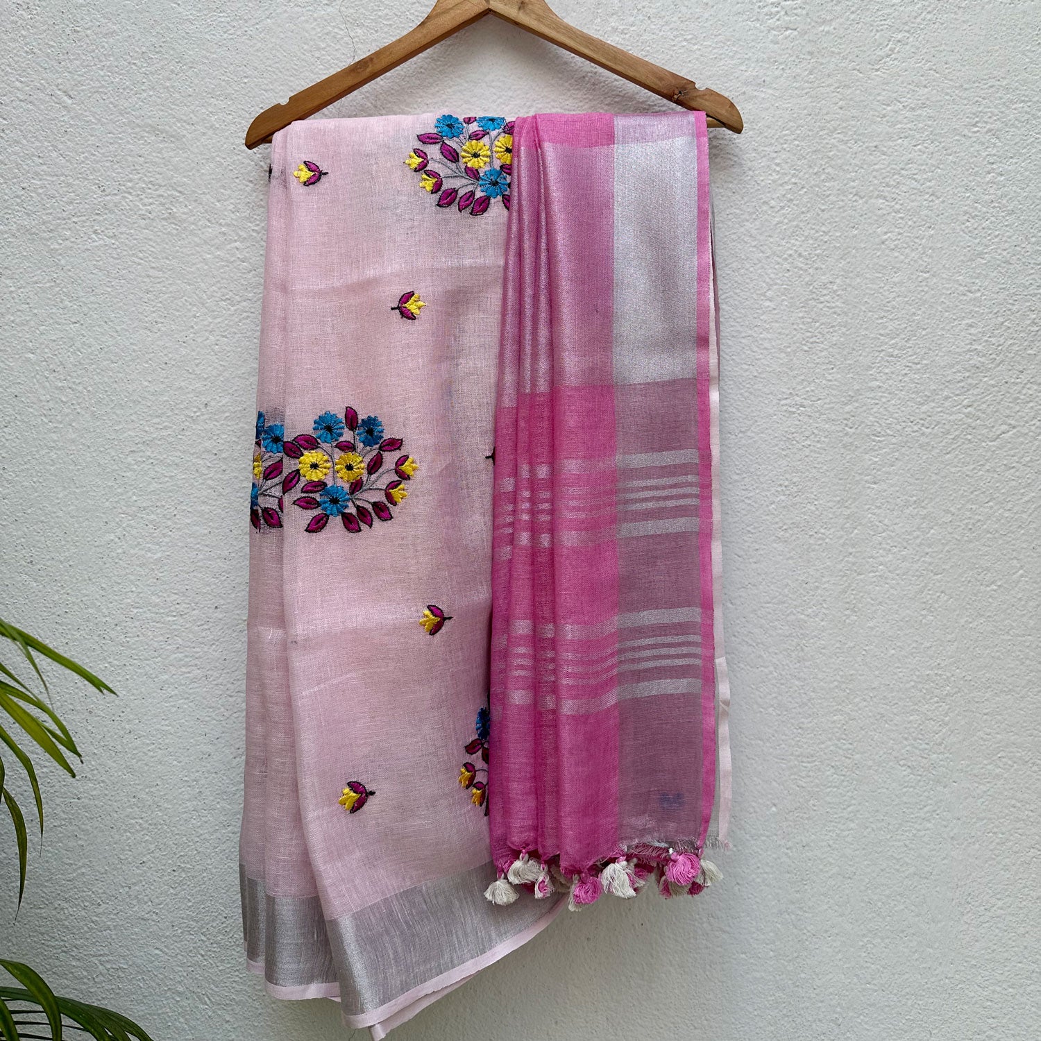 Candy Pink Floss Linen Embroidered Saree