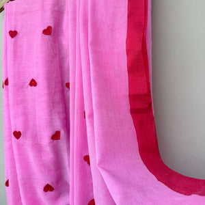 Red Hearts Embroidered on Pink Base Saree with Red Tassels and Border