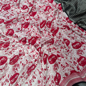Cat Got Your Heart cotton saree in red and white cat print with black border closeup detailing, by The Thread Weavers