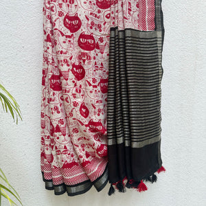 Cat Got Your Heart cotton saree in red and white cat print with black border, by The Thread Weavers