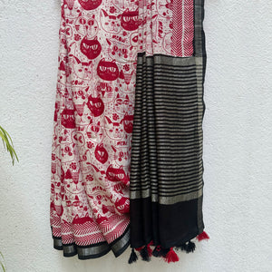 Cat Got Your Heart cotton saree in red and white cat print with black border, by The Thread Weavers