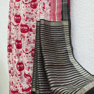 Cat Got Your Heart cotton saree in red and white cat print with black border, by The Thread Weavers