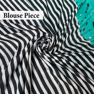 Cat Nap Playtime teal cotton print saree with stripe blouse, Zoomies Collection