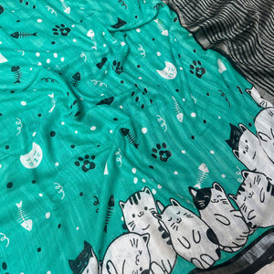 Cat Nap Playtime teal cotton print saree closeup with fishbone motifs, sleeping cat border and black stripe zari pallu, Zoomies Collection