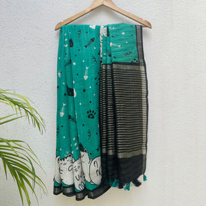 Cat Nap Playtime teal cotton print saree with fishbone motifs, sleeping cat border and black stripe zari pallu, Zoomies Collection