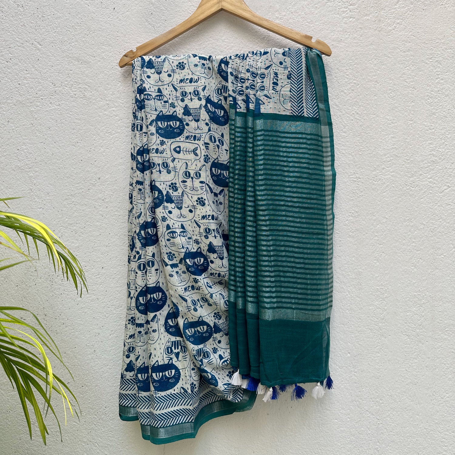 Catsablanca ivory cotton saree with navy meow cat face print, chevron border and teal zari pallu, Zoomies Collection by Thread Weavers