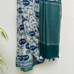 Catsablanca ivory cotton saree with navy meow cat face print, chevron border and teal zari pallu, Zoomies Collection by Thread Weavers