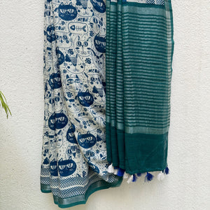 Catsablanca ivory cotton saree with navy meow cat face print, chevron border and teal zari pallu, Zoomies Collection by Thread Weavers