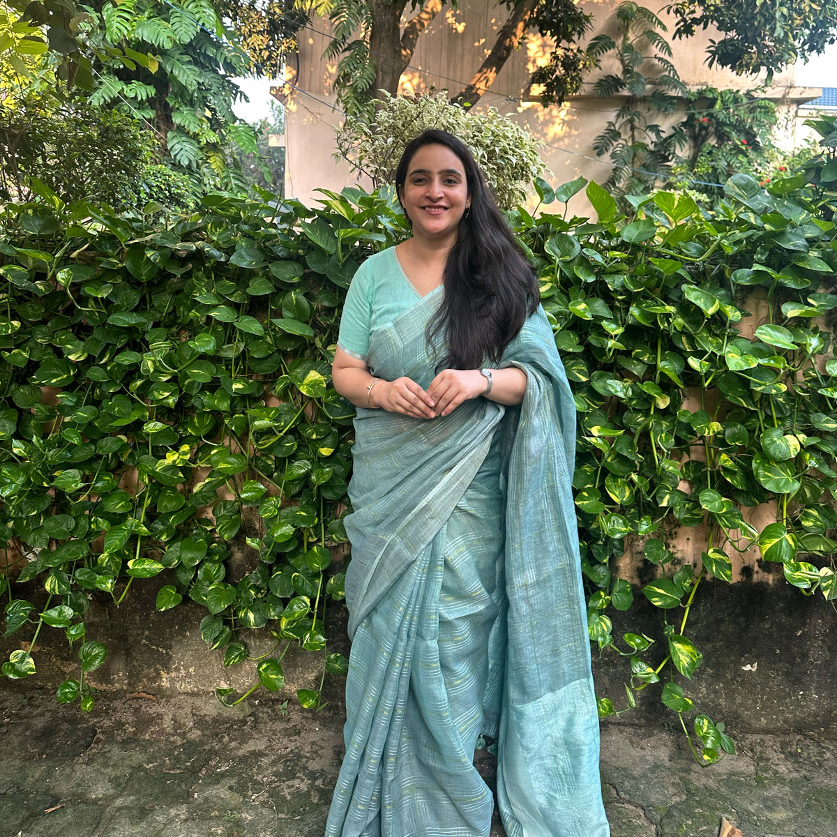 Chandni Check Pure Linen Saree with Embroidered Blouse Piece