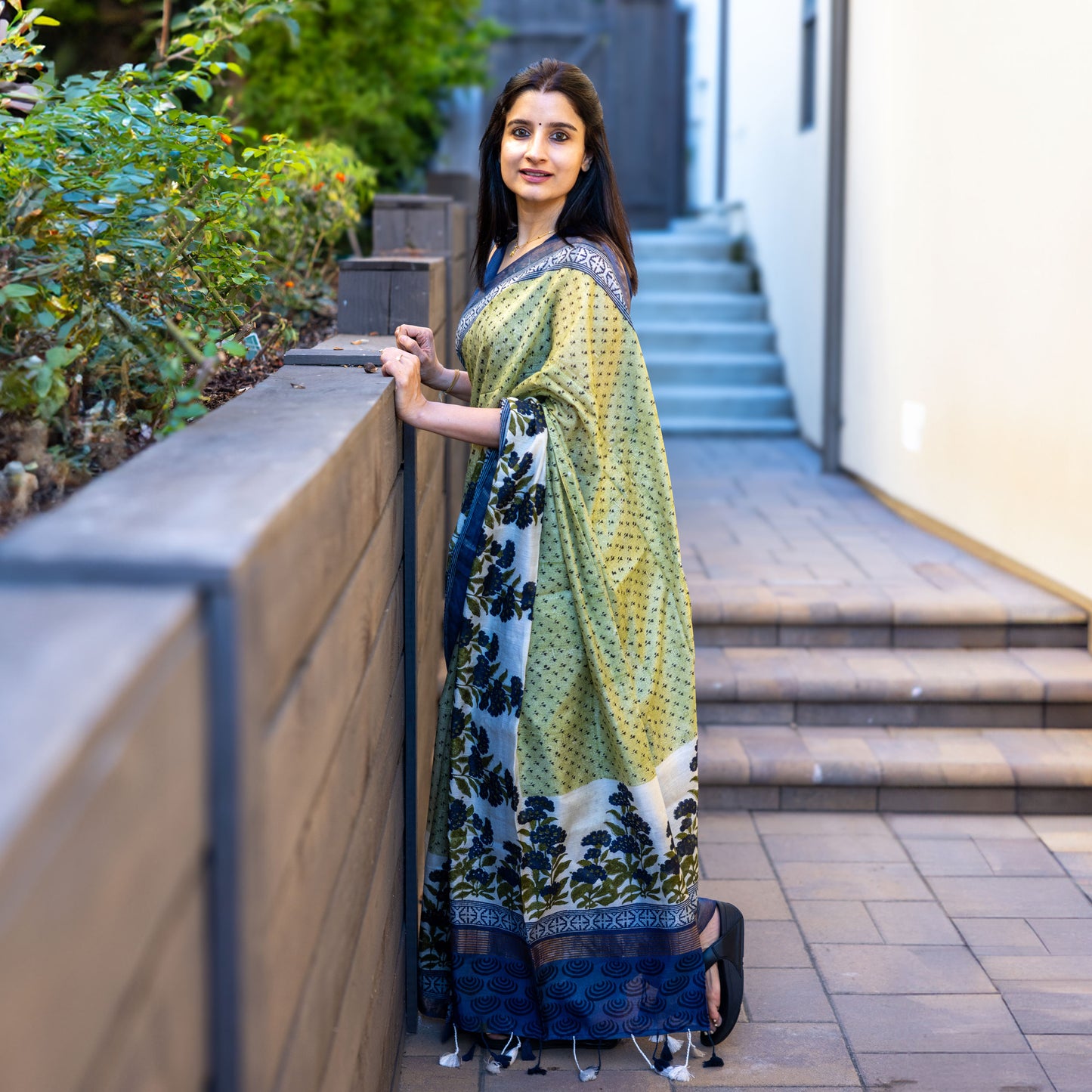 Cobalt Oasis Handblock Cotton Silk Saree