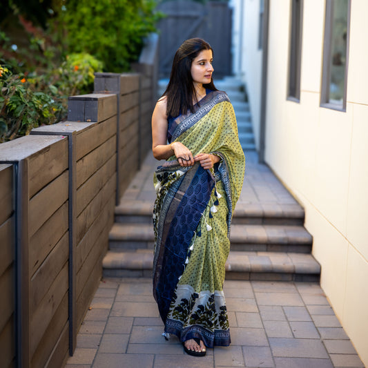Cobalt Oasis Handblock Cotton Silk Saree
