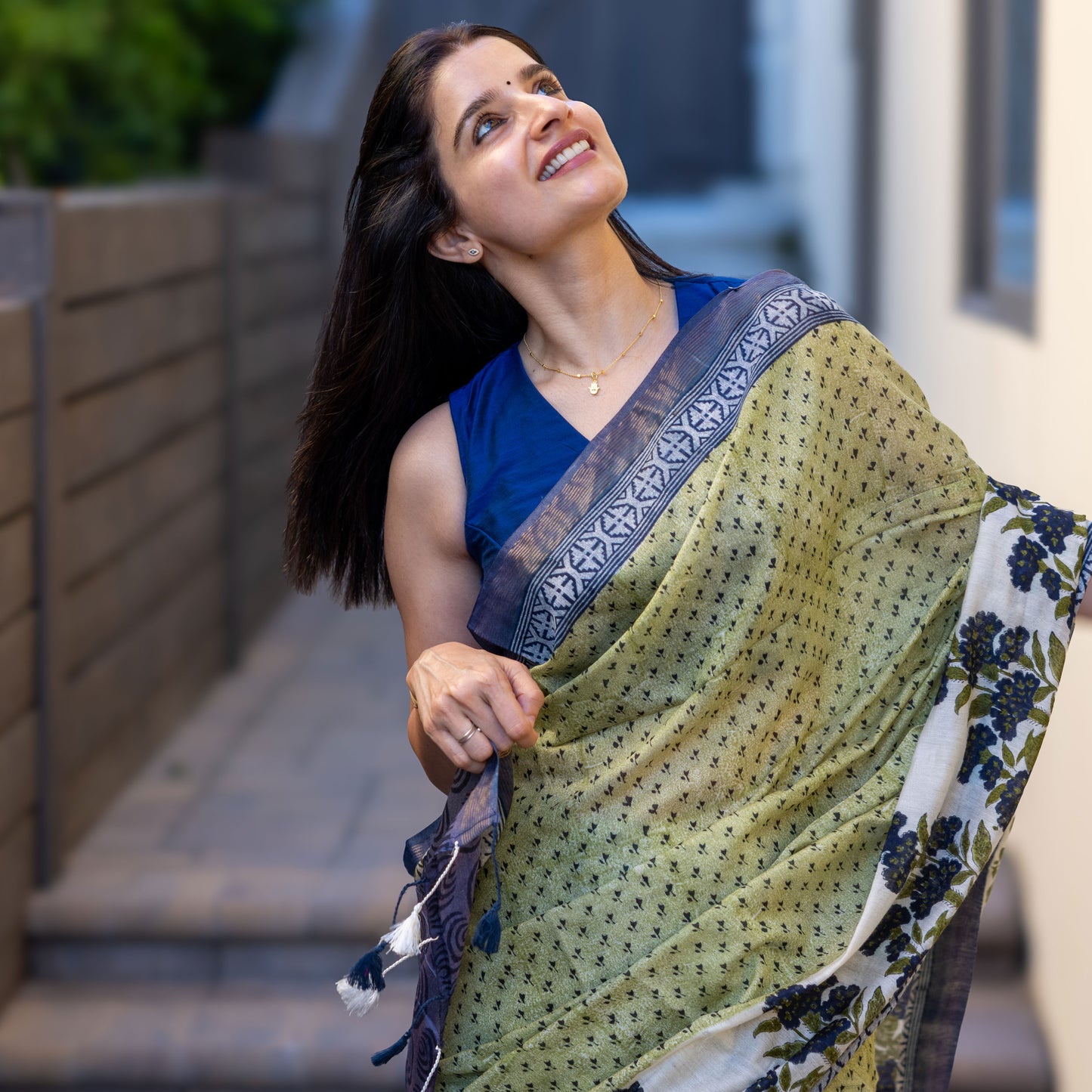 Cobalt Oasis Handblock Cotton Silk Saree