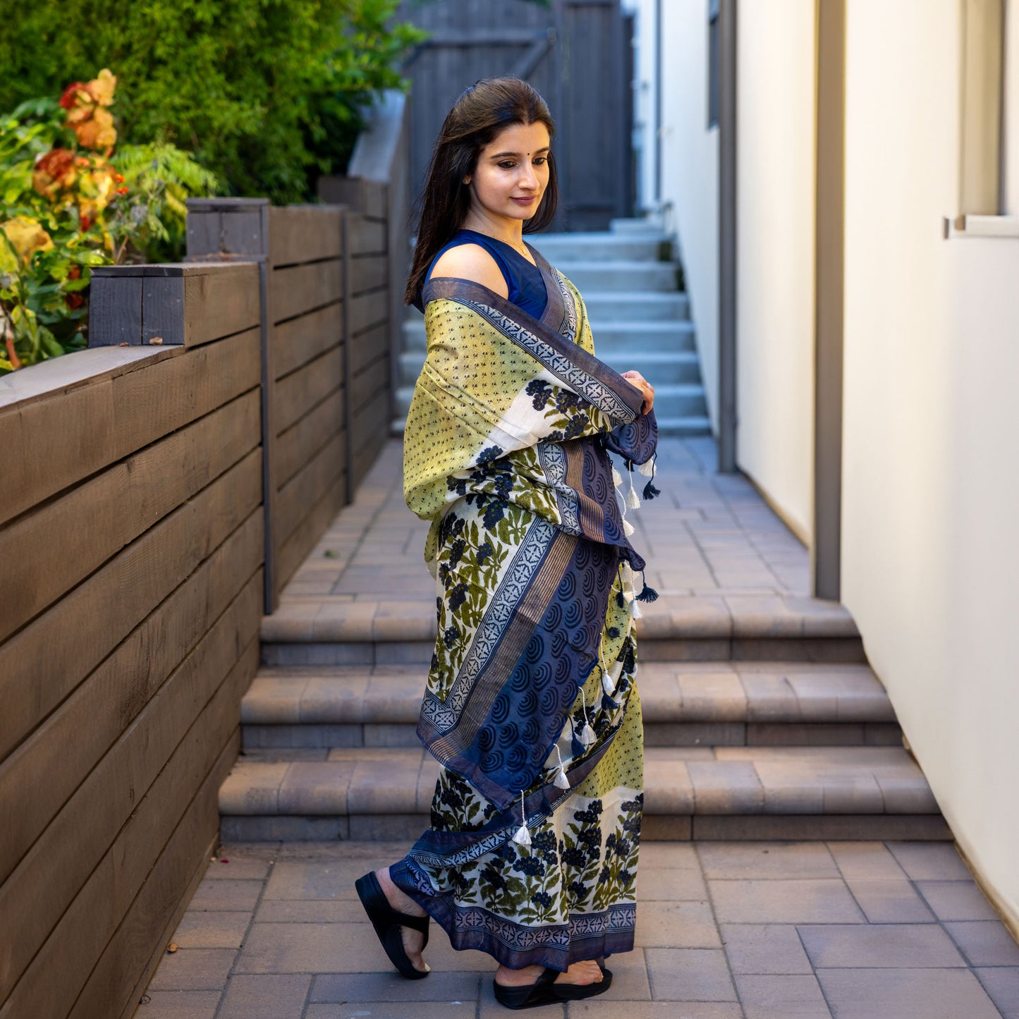 Cobalt Oasis Handblock Cotton Silk Saree