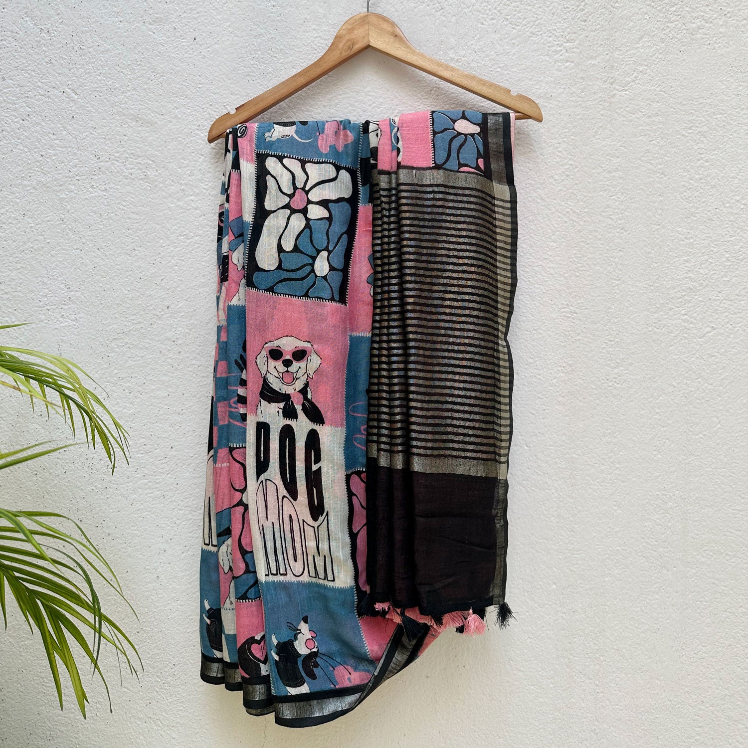 Dog Mom Actually pink blue patchwork dog print saree with illustrated dog panels and black zari pallu, Zoomies Collection Thread Weavers