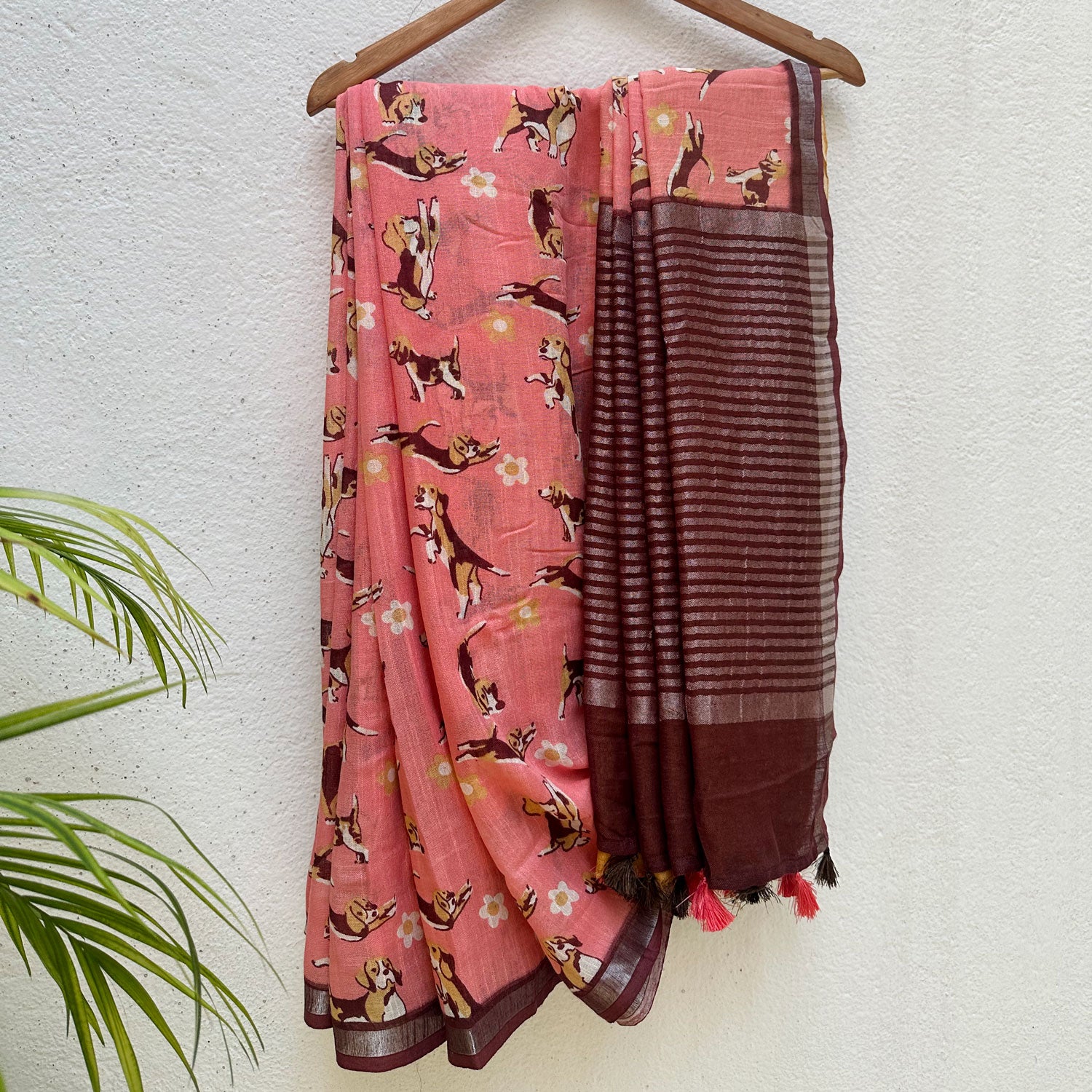 Ears First coral cotton beagle print saree with daisy florals and dark maroon zari pallu, Zoomies Collection by The Thread Weavers