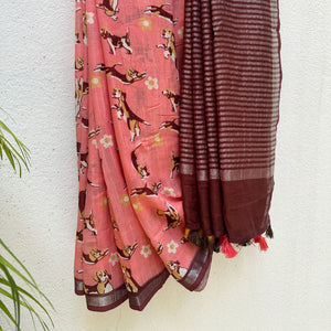Ears First coral cotton beagle print saree with daisy florals and dark maroon zari pallu, Zoomies Collection by The Thread Weavers