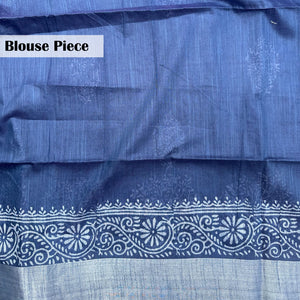 Hand block print indigo cotton silk saree with vine scroll border and plain blouse piece – The Thread Weavers