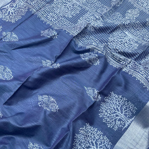 Closeup of Tree of Life hand block print in two scales on indigo cotton silk – Ekansh by The Thread Weavers