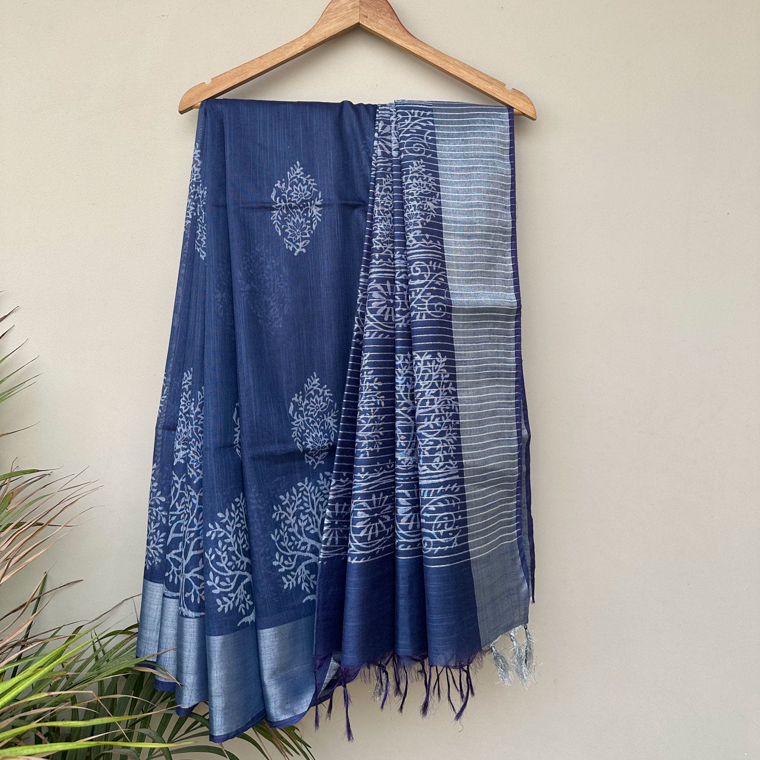 Tree of Life hand block print indigo cotton silk saree with vine scroll border - The Thread Weavers