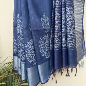 Tree of Life hand block print indigo cotton silk saree with vine scroll border – The Thread Weavers