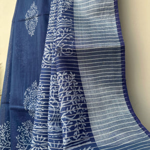Tree of Life hand block print indigo cotton silk pallu with silver zari stripe – The Thread Weavers