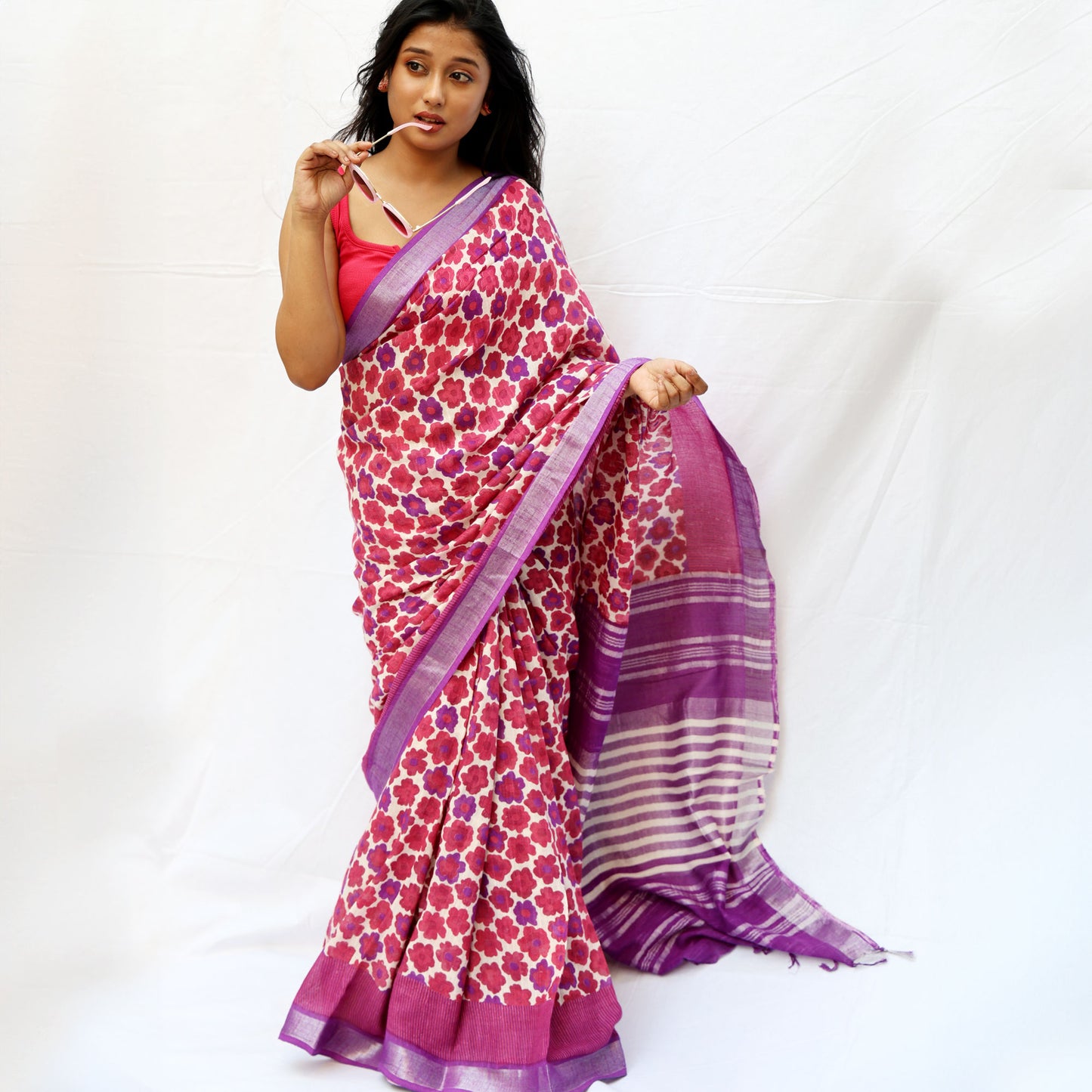 Flower Power Printed Organic Linen Saree