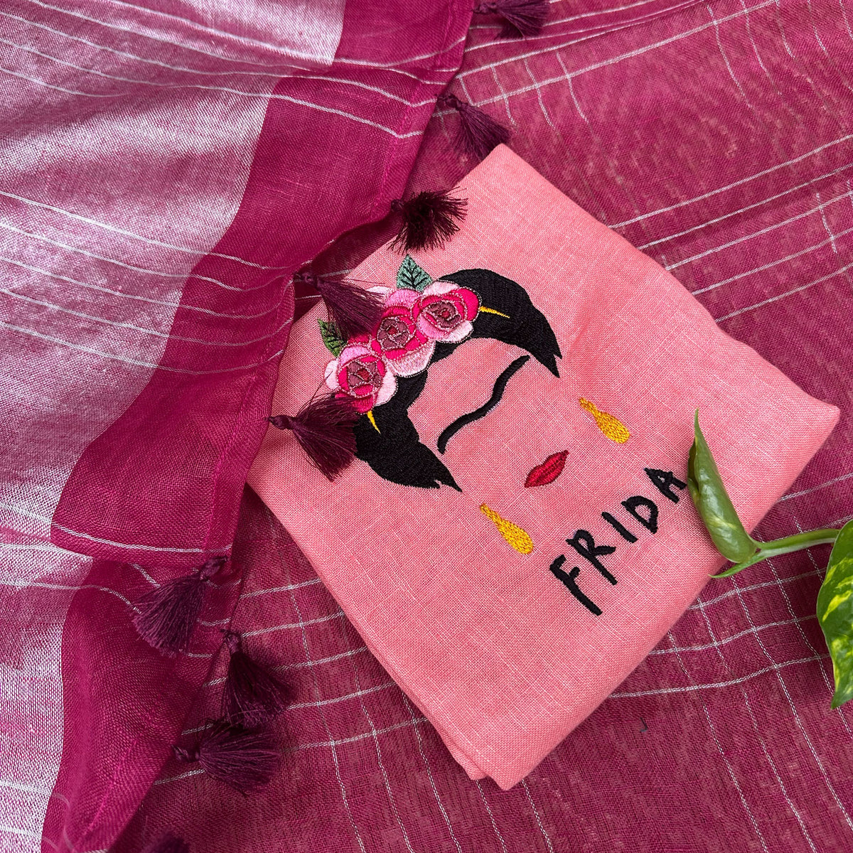 Frida in her Bloom Check Pure Linen Saree with Embroidered Blouse Piece