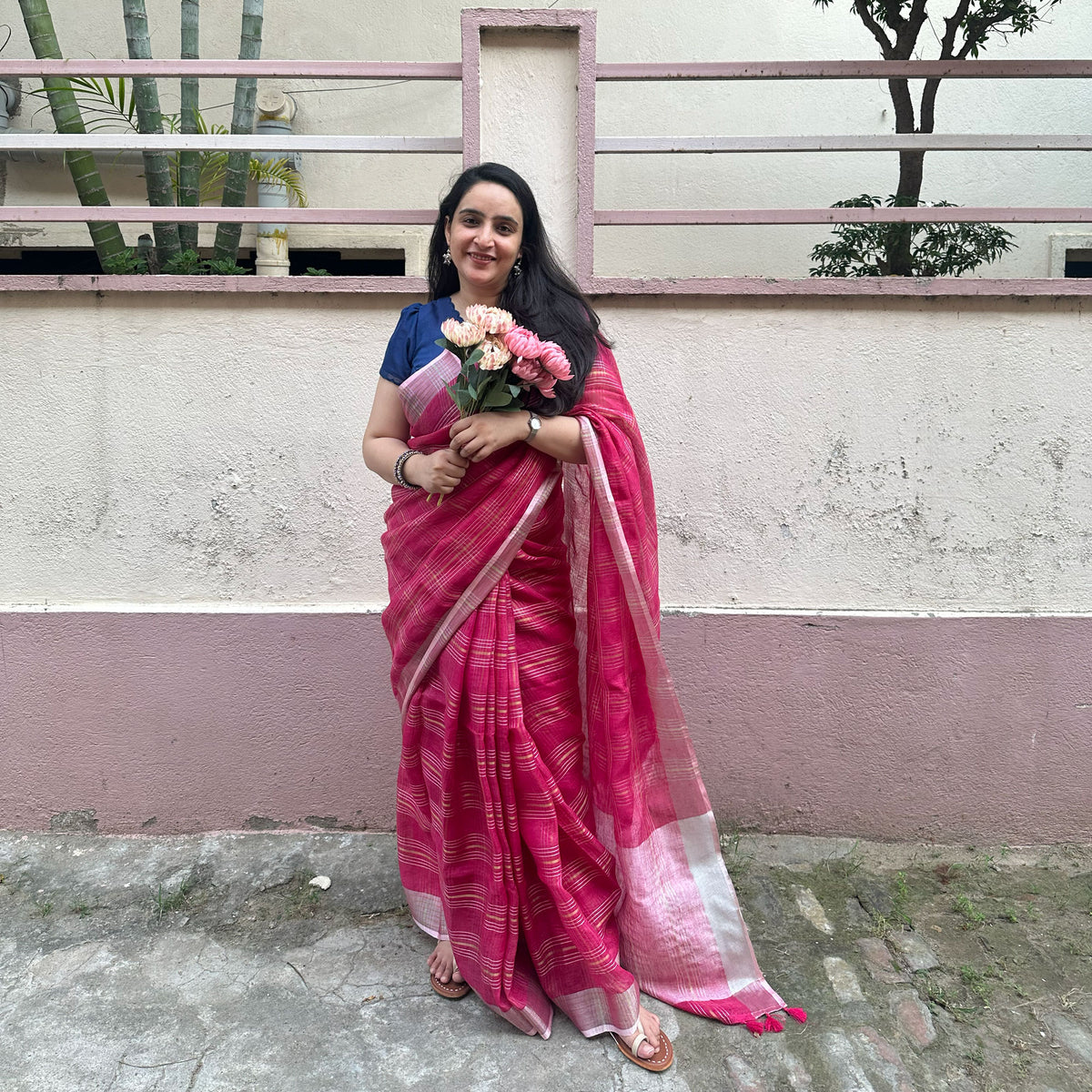 Frida in her Fire Check Pure Linen Saree with Embroidered Blouse Piece