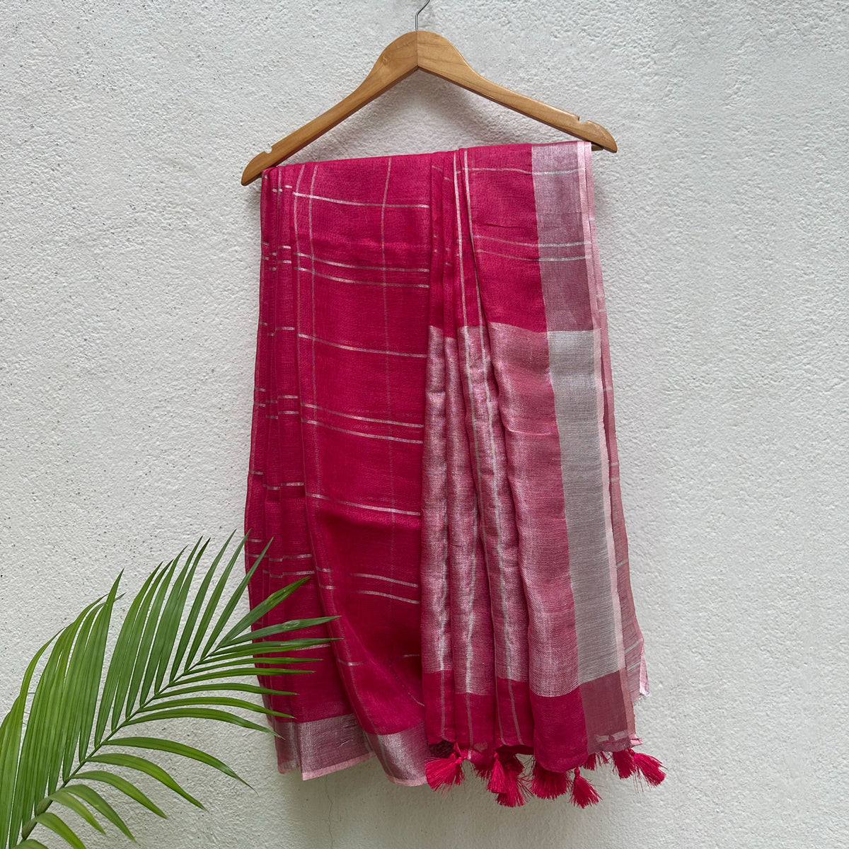 Frida in her Fire Check Pure Linen Saree with Embroidered Blouse Piece