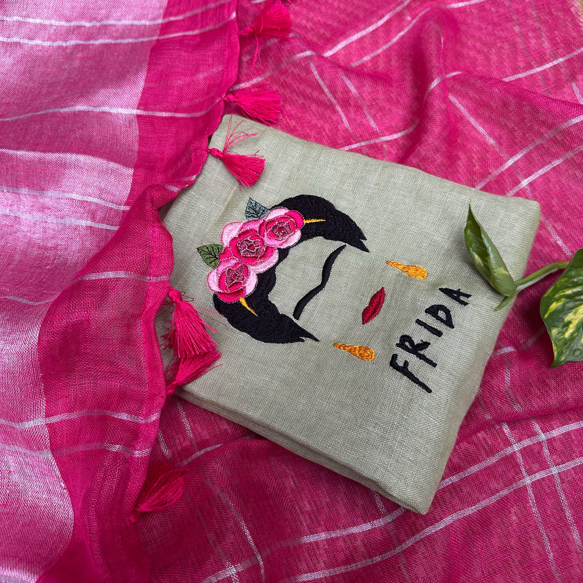 Frida in her Fire Check Pure Linen Saree with Embroidered Blouse Piece