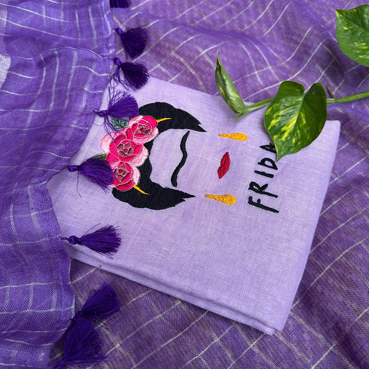 Frida in her Royal Check Pure Linen Saree with Embroidered Blouse Piece