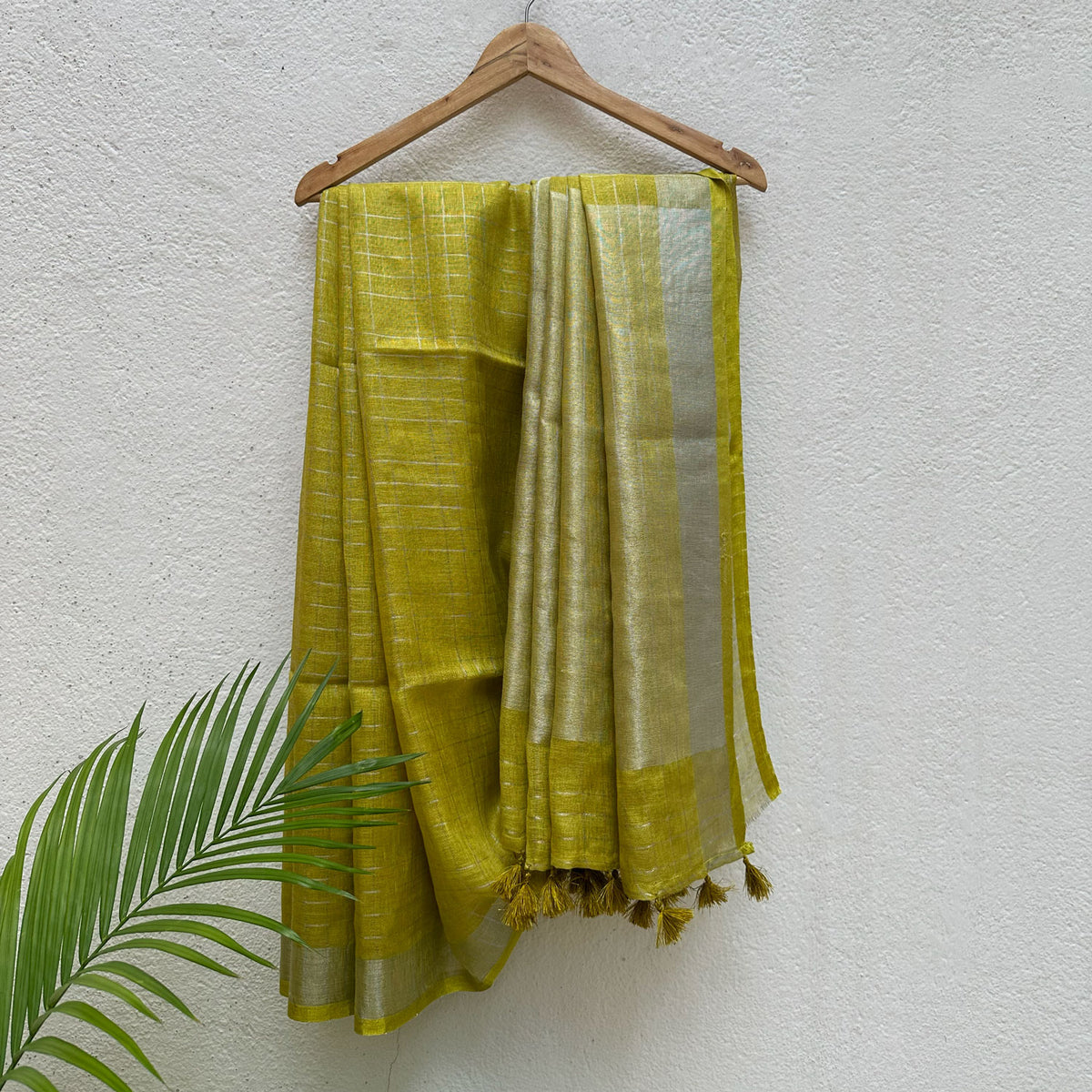 Frida in her Sun Check Pure Linen Saree with Embroidered Blouse Piece