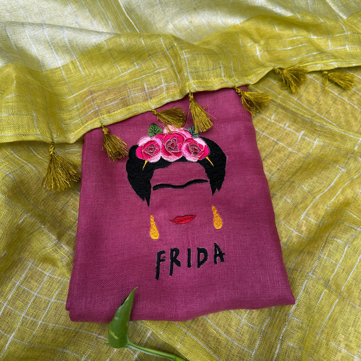 Frida in her Sun Check Pure Linen Saree with Embroidered Blouse Piece