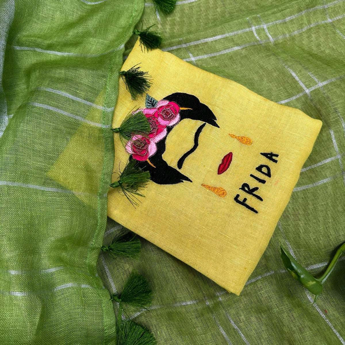 Frida in her Wild Check Pure Linen Saree with Embroidered Blouse Piece