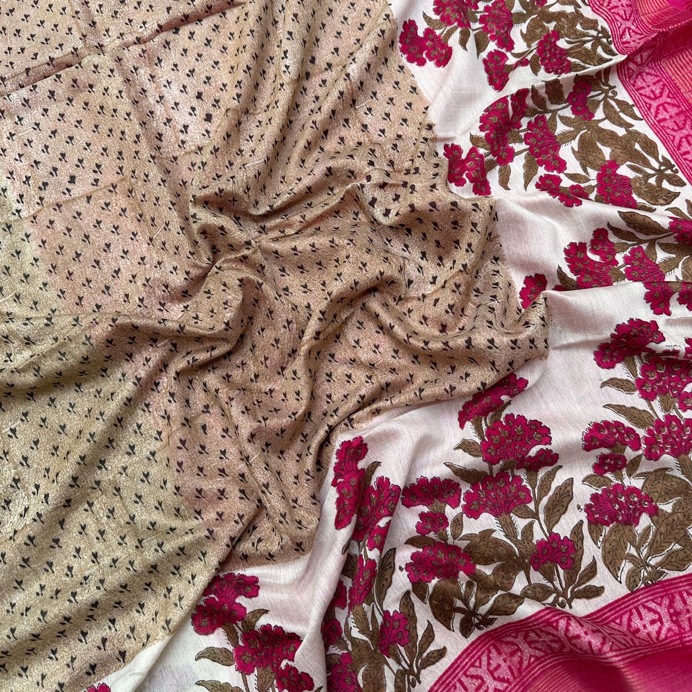 Fuchsia Overglow Handblock Cotton Viscose Silk Saree