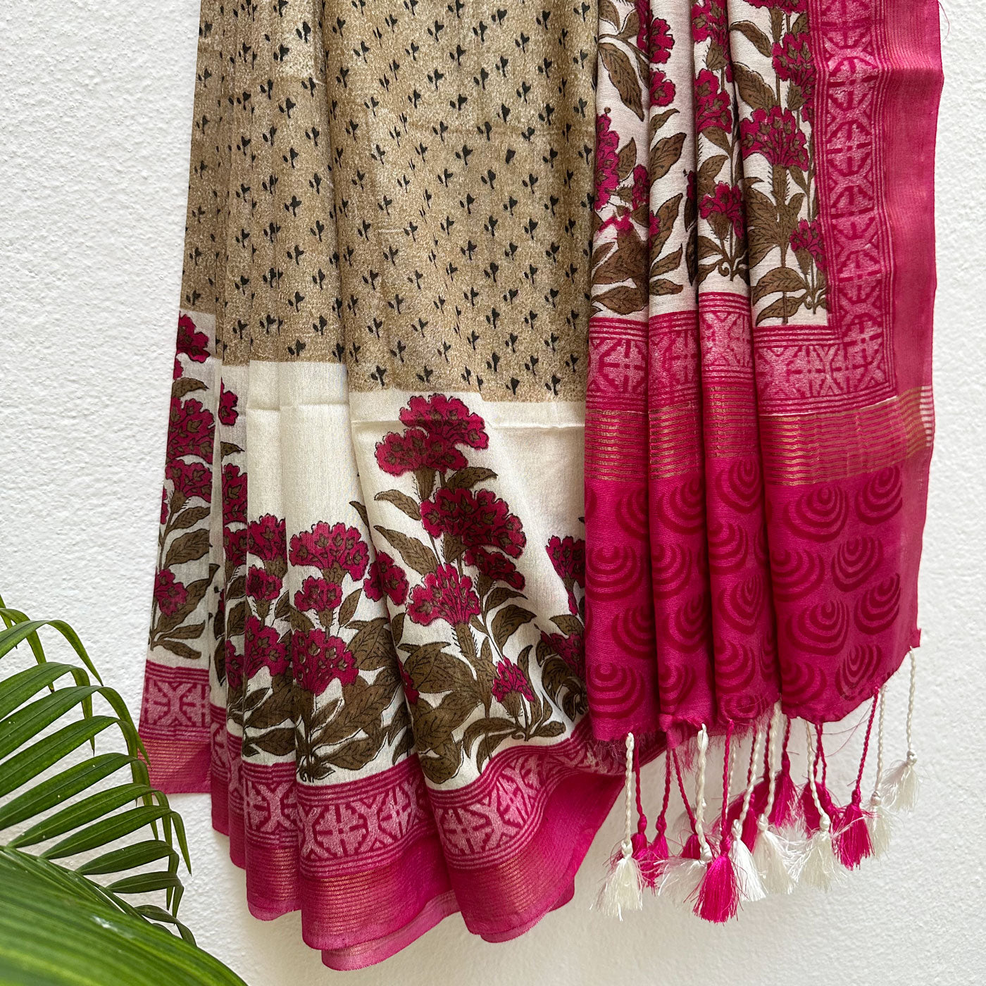 Fuchsia Overglow Handblock Cotton Viscose Silk Saree